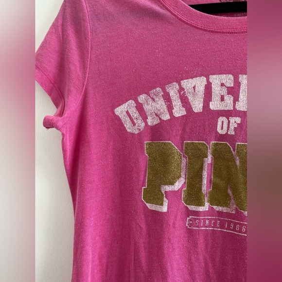 Victoria's Secret Pink Short Sleeve Gold Glitter Graphic Pink Tee Size L - Picture 6 of 12